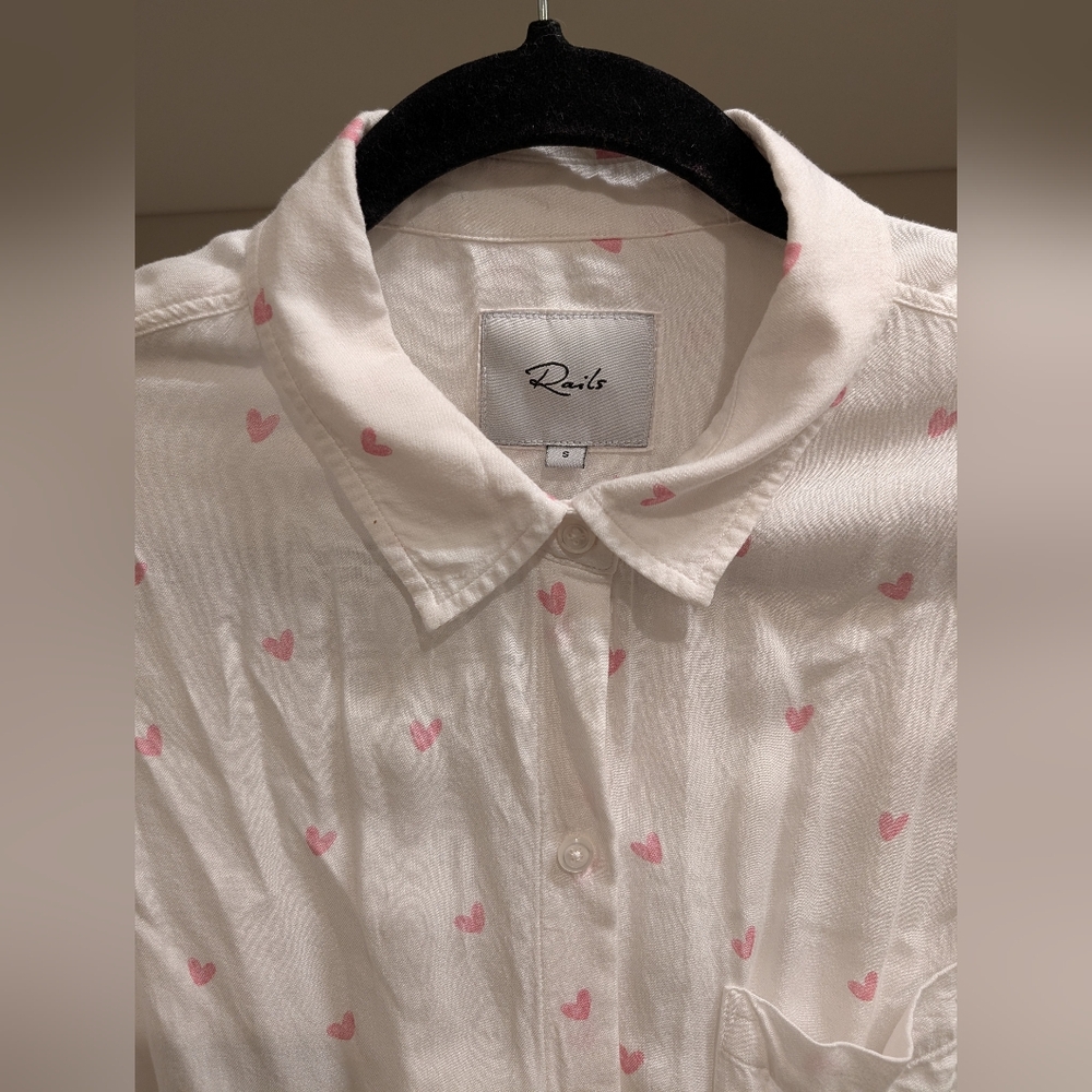 Rails Womens Small Val Scribble Heart White Button Up Shirt Tie Front Blouse